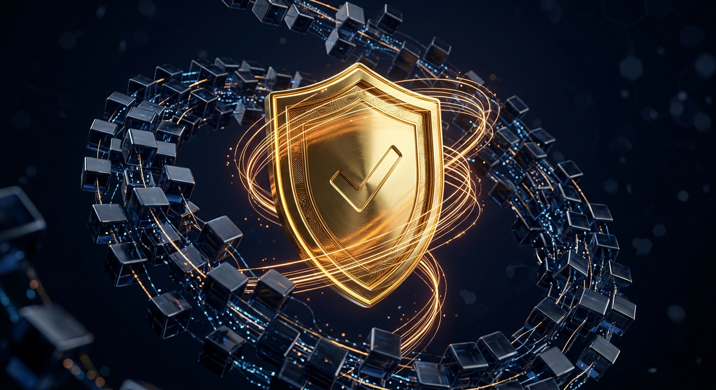 Golden shield formed from blockchain blocks